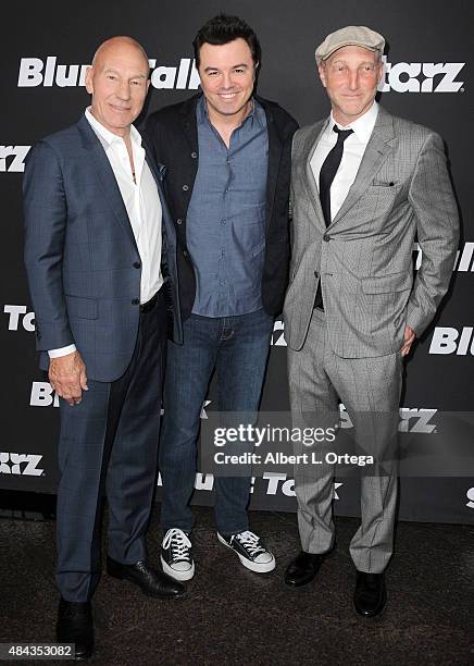 Actor Patrick Stewart, Executive producer Seth Macfarlane and creator Johnathan Ames arrive for the Premiere Of STARZ "Blunt Talk" held at DGA...