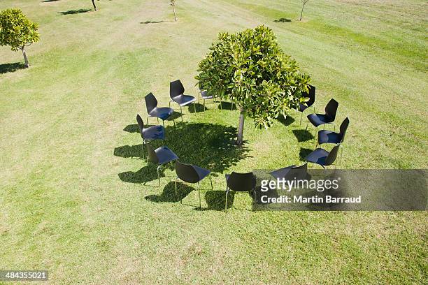 círculo de sillas de oficina alrededor de un árbol en campo - ambiente evento fotografías e imágenes de stock
