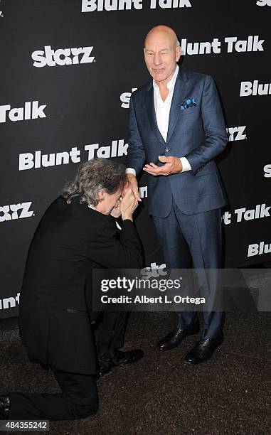 Actors Richard Lewis and Patrick Stewart arrives for the Premiere Of STARZ "Blunt Talk" held at DGA Theater on August 10, 2015 in Los Angeles,...