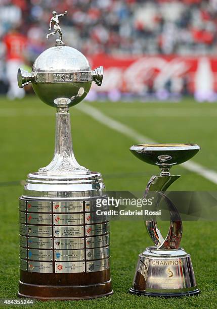 Detail of Copa Bridgestone Libertadores 2015 trophy and Suruga Bank 2015 trophy prior to a match between River Plate and San Martin as part of 20th...