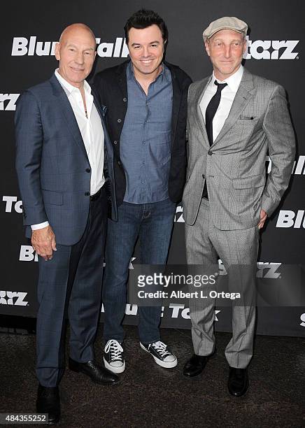 Actor Patrick Stewart, Executive producer Seth Macfarlane and creator Johnathan Ames arrive for the Premiere Of STARZ "Blunt Talk" held at DGA...