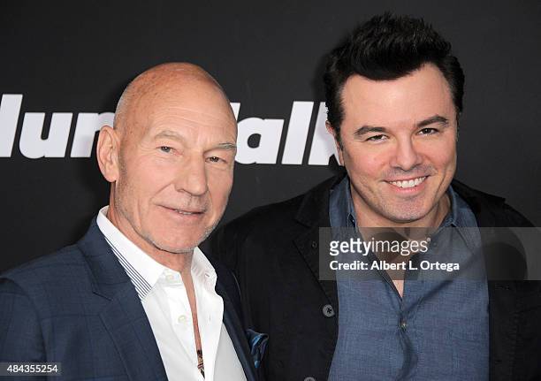 Actor Patrick Stewart and Executive producer Seth Macfarlane arrive for the Premiere Of STARZ "Blunt Talk" held at DGA Theater on August 10, 2015 in...