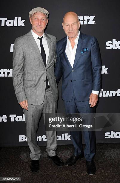 Writer John Ames and actor Patrick Stewart arrive for the Premiere Of STARZ "Blunt Talk" held at DGA Theater on August 10, 2015 in Los Angeles,...