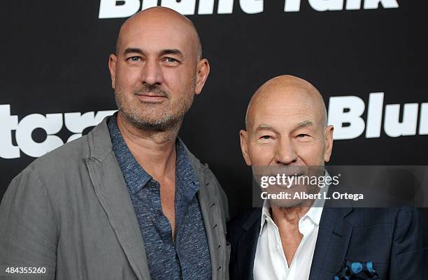 Actors Daniel Stewart and Patrick Stewart arrives for the Premiere Of STARZ "Blunt Talk" held at DGA Theater on August 10, 2015 in Los Angeles,...