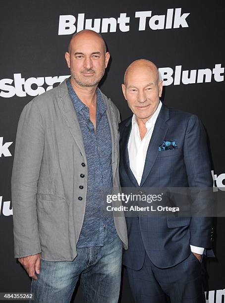 Actors Daniel Stewart and Patrick Stewart arrives for the Premiere Of STARZ "Blunt Talk" held at DGA Theater on August 10, 2015 in Los Angeles,...