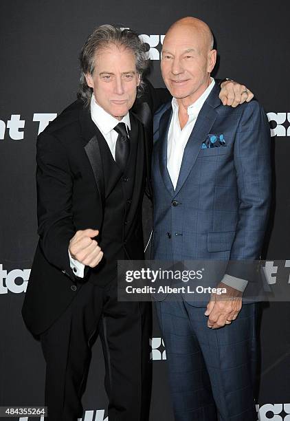 Actors Richard Lewis and Patrick Stewart arrives for the Premiere Of STARZ "Blunt Talk" held at DGA Theater on August 10, 2015 in Los Angeles,...
