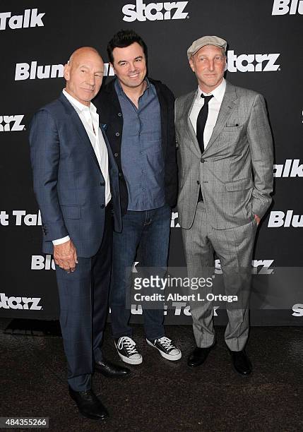 Actor Patrick Stewart, Executive producer Seth Macfarlane and creator Johnathan Ames arrive for the Premiere Of STARZ "Blunt Talk" held at DGA...