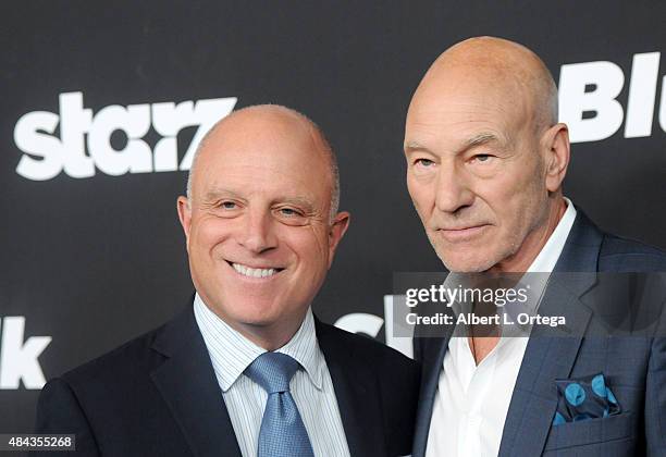 Chris Albrecht and actor Patrick Stewart arrive for the Premiere Of STARZ "Blunt Talk" held at DGA Theater on August 10, 2015 in Los Angeles,...