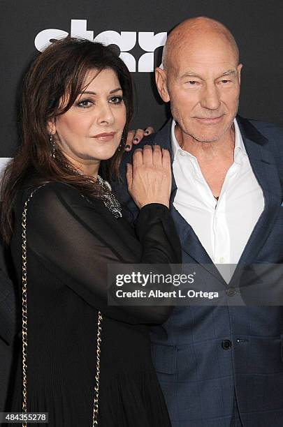 Actress Marina Sirtis and Patrick Stewart arrive for the Premiere Of STARZ "Blunt Talk" held at DGA Theater on August 10, 2015 in Los Angeles,...