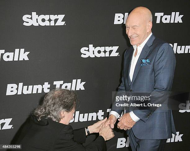 Actors Richard Lewis and Patrick Stewart arrives for the Premiere Of STARZ "Blunt Talk" held at DGA Theater on August 10, 2015 in Los Angeles,...