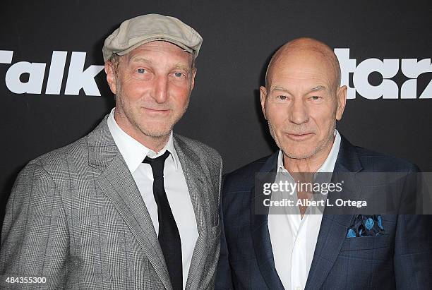 Writer John Ames and actor Patrick Stewart arrive for the Premiere Of STARZ "Blunt Talk" held at DGA Theater on August 10, 2015 in Los Angeles,...