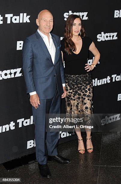 Actor Patrick Stewart and wife/singer Sunny Ozell arrive for the Premiere Of STARZ "Blunt Talk" held at DGA Theater on August 10, 2015 in Los...