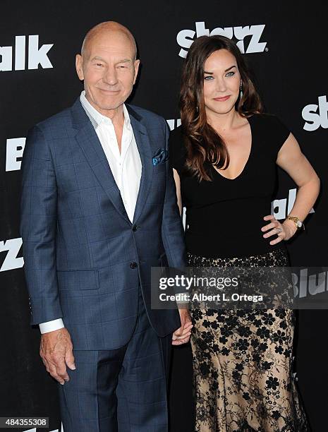 Actor Patrick Stewart and wife/singer Sunny Ozell arrive for the Premiere Of STARZ "Blunt Talk" held at DGA Theater on August 10, 2015 in Los...