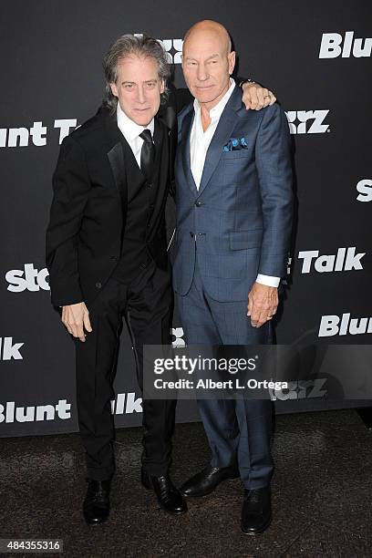 Actors Richard Lewis and Patrick Stewart arrives for the Premiere Of STARZ "Blunt Talk" held at DGA Theater on August 10, 2015 in Los Angeles,...