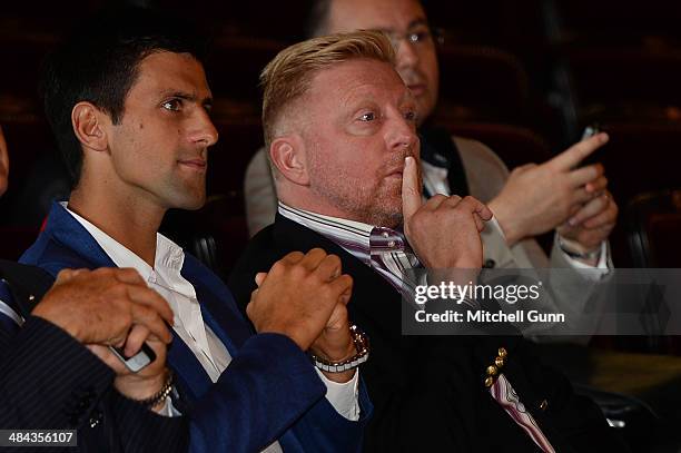 Novak Djokovic of Serbia and his coach Boris Becker at the tournament draw during the preview day of the ATP Monte Carlo Masters, at la Salle Garnier...