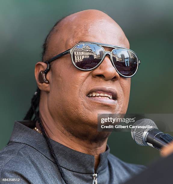 Musician Stevie Wonder performs during Wonder Moments - Songs In The Key Of Life Performance Tour at Dilworth Park on August 17, 2015 in...