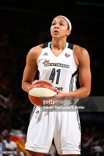 Kiah Stokes of the New York Liberty shoots a free throw against the Tulsa Shock on August 15, 2015 at Madison Square Garden, New York City , New...