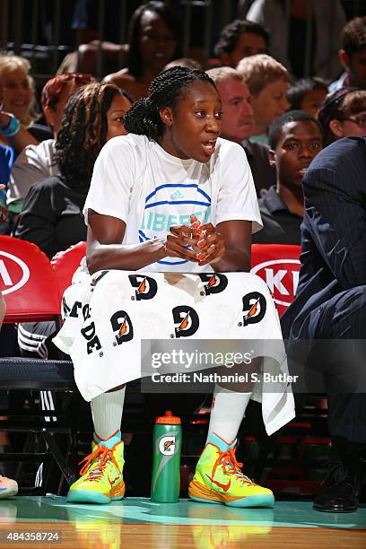 Tina Charles of the New York Liberty watches her team play against the Tulsa Shock on August 15, 2015 at Madison Square Garden, New York City , New...