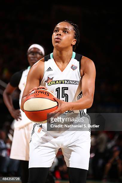 Brittany Boyd of the New York Liberty shoots a free throw against the Tulsa Shock on August 15, 2015 at Madison Square Garden, New York City , New...