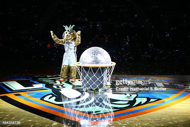 Maddie of the New York Liberty pumps up the crowd before a game against the Tulsa Shock on August 15, 2015 at Madison Square Garden, New York City ,...