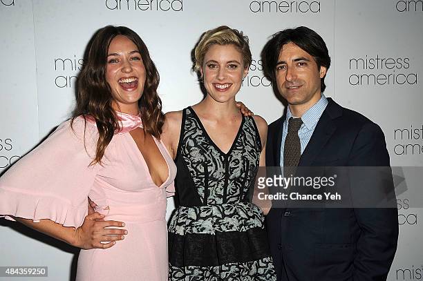 Lola Kirke, Greta Gerwig and Noah Baumbach attend "Mistress America" New York premiere at Landmark Sunshine Cinema on August 12, 2015 in New York...