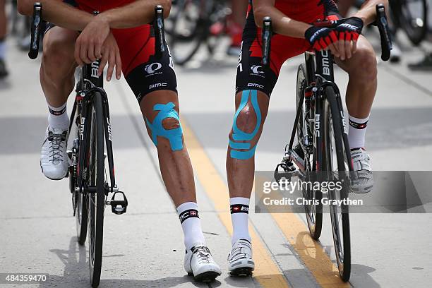Taylor Phinney of United States riding for BMC Racing and Peter Stetina of United States riding for BMC Racing line up on the start line before Stage...