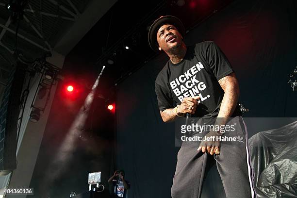 Rapper YG performs at PNC Music Pavilion on August 12, 2015 in Charlotte, North Carolina.