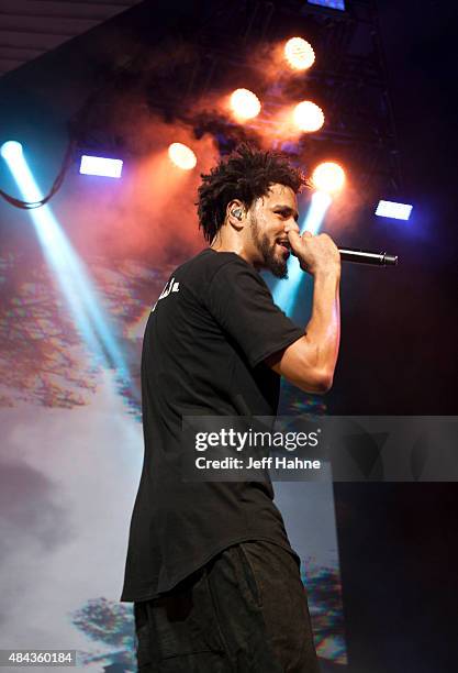 Rapper J. Cole performs at PNC Music Pavilion on August 12, 2015 in Charlotte, North Carolina.