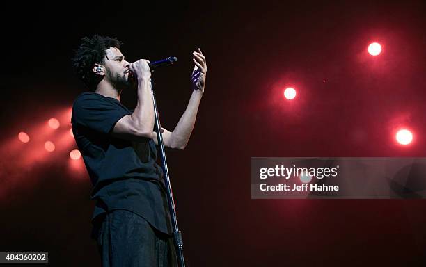 Rapper J. Cole performs at PNC Music Pavilion on August 12, 2015 in Charlotte, North Carolina.