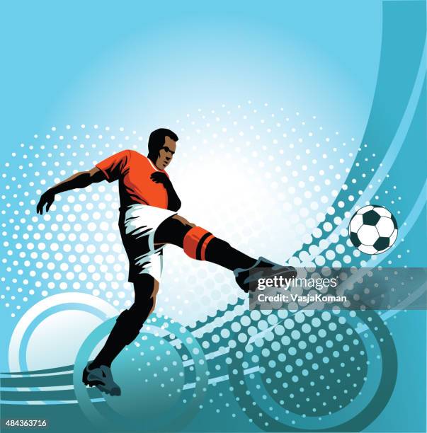 soccer player strikes perfect volley on blue background - midfielder soccer player stock illustrations