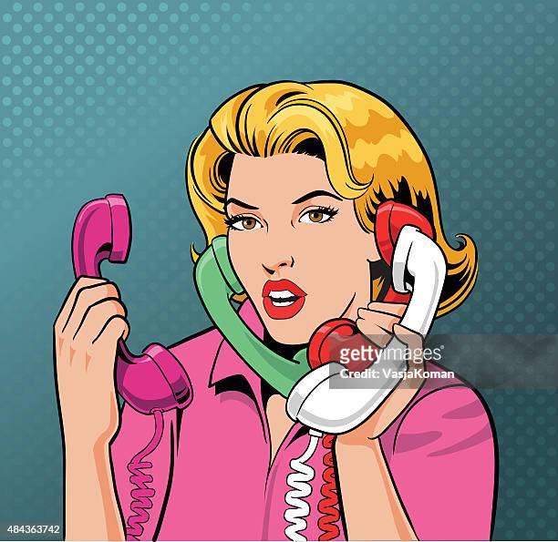 busy retro style woman talking on four phones - rumore stock illustrations