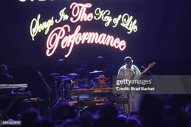 Musican Stevie Wonder performs to announce his "Songs in the Key of Life Performance" tour at Central Park SummerStage on August 17, 2015 in New York...