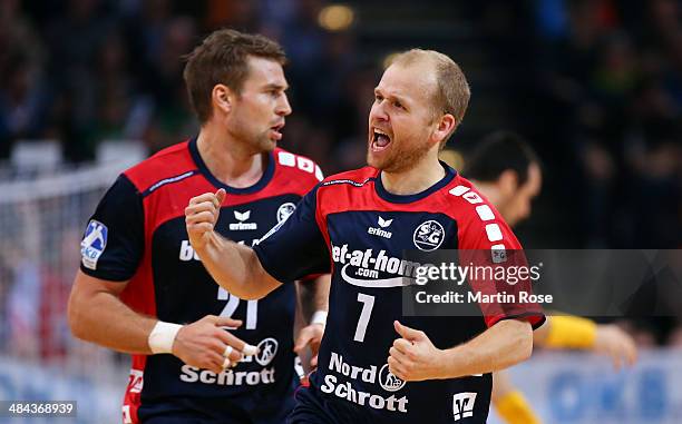 Anders Eggert of Flensburg celebrates during the DHB Pokal handball semi final match between Flensburg Handewitt and Rhein Neckar Loewen at O2 World...