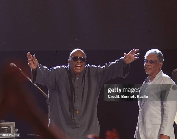 Recording artist Stevie Wonder performs during the Wonder Moments - Songs In The Key Of Life Performance Tour at Central Park SummerStage on August...
