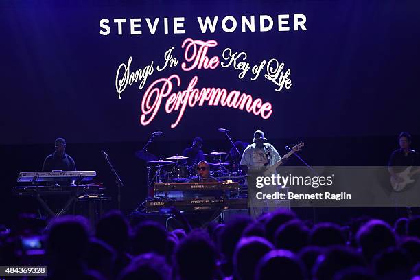 Recording artist Stevie Wonder performs during the Wonder Moments - Songs In The Key Of Life Performance Tour at Central Park SummerStage on August...