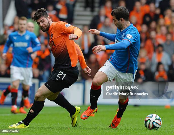 Nadir Ciftci of Dundee United takes on Richard Foster of Rangers during the William Hill Scottish Cup Semi Final between Rangers and Dundee United at...