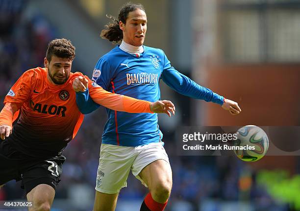 Nadir Ciftci of Dundee United challenges Bilel Mohsni of Rangers during the William Hill Scottish Cup Semi Final between Rangers and Dundee United at...