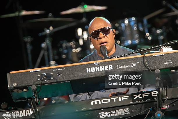 Stevie Wonder performs during his Songs in the Key of Life Performance Tour at Central Park SummerStage on August 17, 2015 in New York City.