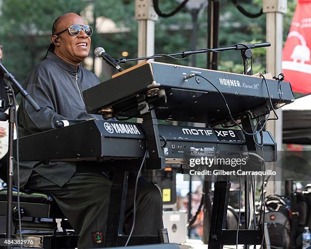 Musician Stevie Wonder performs during Wonder Moments - Songs In The Key Of Life Performance Tour at Dilworth Park on August 17, 2015 in...