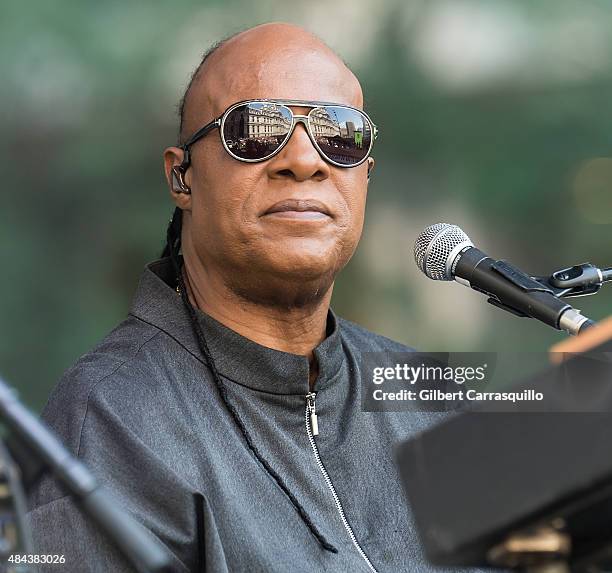 Musician Stevie Wonder performs during Wonder Moments - Songs In The Key Of Life Performance Tour at Dilworth Park on August 17, 2015 in...