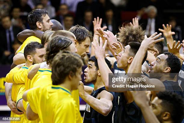 The Tall Blacks perform a haka during the game two match between the New Zealand Tall Blacks and Australian Boomers at at TSB Bank Arena on August...