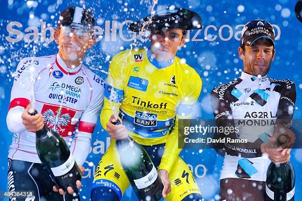 Michal Kwiatkowski of Poland and Team Omega Phama Quick-Step, Alberto Contador of Spain and Team Tinkoff-Saxo and Jean-Christoph Peraud of France and...