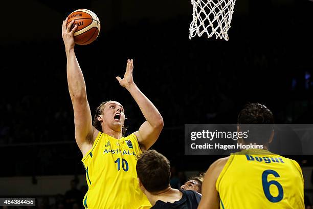 Cameron Bairstow of the Boomers shoots during the game two match between the New Zealand Tall Blacks and Australian Boomers at at TSB Bank Arena on...