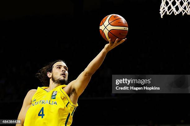 Chris Goulding of the Boomers lays up during the game two match between the New Zealand Tall Blacks and Australian Boomers at at TSB Bank Arena on...