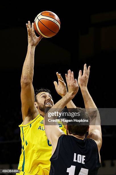 Andrew Bogut of the Boomers shoots during the game two match between the New Zealand Tall Blacks and Australian Boomers at at TSB Bank Arena on...