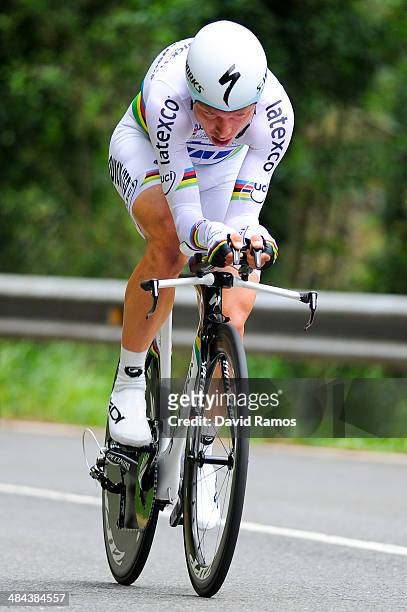 Tony Martin of Germany and Team Omega Pharma Quick-Step in action to win Stage Six of Vuelta al Pais Vasco on April 12, 2014 in Markina, Spain.