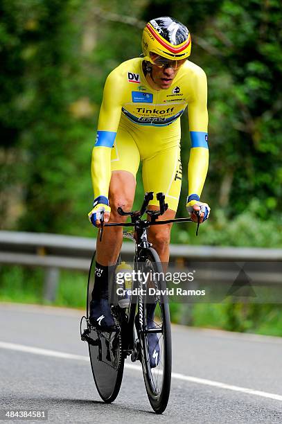 Alberto Contador of Spain and Team Tinkoff-Saxo in action to be second during Stage Six of Vuelta al Pais Vasco on April 12, 2014 in Markina, Spain.