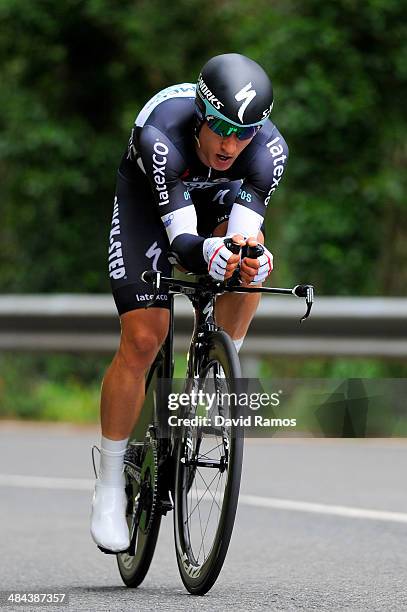 Michal Kwiatkowski of Poland and Team Omega Phama Quick-Step in action to be third during Stage Six of Vuelta al Pais Vasco on April 12, 2014 in...