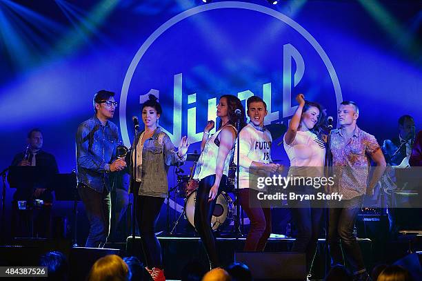 Cast Members of 'For The Record: Baz' Zach Villa, Briana Cuoco, Ginifer King, Payson Lewis, Olivia Harris and James Byous perform during Mondays Dark...