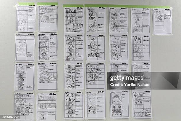Storyboards by director Shinji Higuchi for "Attack on Titan" are put up on a wall at a working room in Toho Studios on April 4, 2014 in Tokyo, Japan.